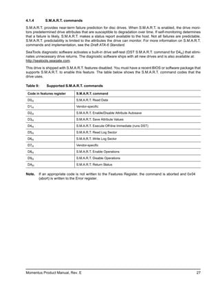 4.1.4       S.M.A.R.T. commands

S.M.A.R.T. provides near-term failure prediction for disc drives. When S.M.A.R.T. is enabled, the drive moni-
tors predetermined drive attributes that are susceptible to degradation over time. If self-monitoring determines
that a failure is likely, S.M.A.R.T. makes a status report available to the host. Not all failures are predictable.
S.M.A.R.T. predictability is limited to the attributes the drive can monitor. For more information on S.M.A.R.T.
commands and implementation, see the Draft ATA-6 Standard.

SeaTools diagnostic software activates a built-in drive self-test (DST S.M.A.R.T. command for D4H) that elimi-
nates unnecessary drive returns. The diagnostic software ships with all new drives and is also available at:
http://seatools.seagate.com.

This drive is shipped with S.M.A.R.T. features disabled. You must have a recent BIOS or software package that
supports S.M.A.R.T. to enable this feature. The table below shows the S.M.A.R.T. command codes that the
drive uses.

Table 9:     Supported S.M.A.R.T. commands

 Code in features register       S.M.A.R.T. command

 D0H                             S.M.A.R.T. Read Data

 D1H                             Vendor-specific

 D2H                             S.M.A.R.T. Enable/Disable Attribute Autosave

 D3H                             S.M.A.R.T. Save Attribute Values

 D4H                             S.M.A.R.T. Execute Off-line Immediate (runs DST)

 D5H                             S.M.A.R.T. Read Log Sector

 D6H                             S.M.A.R.T. Write Log Sector

 D7H                             Vendor-specific

 D8H                             S.M.A.R.T. Enable Operations

 D9H                             S.M.A.R.T. Disable Operations

 DAH                             S.M.A.R.T. Return Status

Note.   If an appropriate code is not written to the Features Register, the command is aborted and 0x 04
        (abort) is written to the Error register.




Momentus Product Manual, Rev. E                                                                                 27
 