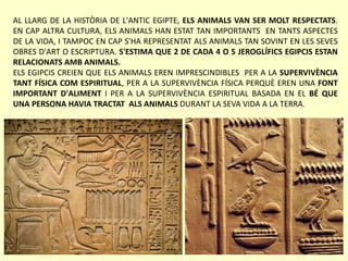 AL LLARG DE LA HISTÒRIA DE L'ANTIC EGIPTE, ELS ANIMALS VAN SER MOLT RESPECTATS.
EN CAP ALTRA CULTURA, ELS ANIMALS HAN ESTAT TAN IMPORTANTS EN TANTS ASPECTES
DE LA VIDA, I TAMPOC EN CAP S'HA REPRESENTAT ALS ANIMALS TAN SOVINT EN LES SEVES
OBRES D'ART O ESCRIPTURA. S'ESTIMA QUE 2 DE CADA 4 O 5 JEROGLÍFICS EGIPCIS ESTAN
RELACIONATS AMB ANIMALS.
ELS EGIPCIS CREIEN QUE ELS ANIMALS EREN IMPRESCINDIBLES PER A LA SUPERVIVÈNCIA
TANT FÍSICA COM ESPIRITUAL, PER A LA SUPERVIVÈNCIA FÍSICA PERQUÈ EREN UNA FONT
IMPORTANT D'ALIMENT I PER A LA SUPERVIVÈNCIA ESPIRITUAL BASADA EN EL BÉ QUE
UNA PERSONA HAVIA TRACTAT ALS ANIMALS DURANT LA SEVA VIDA A LA TERRA.
 