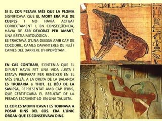 SI EL COR PESAVA MÉS QUE LA PLOMA
SIGNIFICAVA QUE EL MORT ERA PLE DE
CULPES I NO HAVIA ACTUAT
CORRECTAMENT I, EN CONSEQÜÈNCIA,
HAVIA DE SER DEVORAT PER AMMIT,
UNA BÈSTIA MITOLÒGICA .
ES TRACTAVA D'UNA DEESSA AMB CAP DE
COCODRIL, CAMES DAVANTERES DE FELÍ I
CAMES DEL DARRERE D'HIPOPÒTAM.
EN CAS CONTRARI, S'ENTENIA QUE EL
DIFUNT HAVIA FET UNA VIDA JUSTA I
ESTAVA PREPARAT PER RENÉIXER EN EL
MÉS ENLLÀ. A LA DRETA DE LA BALANÇA
ES TROBARIA a THOT, EL DÉU DE LA
SAVIESA, REPRESENTAT AMB CAP D'IBIS,
QUE CERTIFICARIA EL RESULTAT DE LA
PESADA ESCRIVINT-LO EN UNA TAULETA.
EL COR ES MOMIFICAVA I ES TORNAVA A
POSAR DINS DEL COS. ERA L'ÚNIC
ÒRGAN QUE ES CONSERVAVA DINS.
 