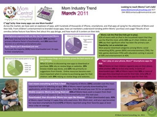 Looking to reach Moms? Let’s talk! www.MomCentralConsulting.com 617-244-3002contactus@momcentral.com Mom Industry Trend Reports:  March 2011 C“app”acity: How many apps can one Mom handle? Across the market, we have seen an explosion of apps, with hundreds of thousands of iPhone, smartphone, and iPad apps all vying for the attention of Moms and their kids. From children’s entertainment to branded recipe apps, how can marketers understand trending within Moms’ purchase and usage? Results of our omnibus below feature how Moms feel about this app deluge, and how much of it centers on their kids.                Momnimbus Research: How many Apps can one mom handle?     Moms rule the iPad (but kids get to play).62% of moms with an iPad in the household report that they use the iPad the most, while 15% say it’s their children, and 19% say their significant other has been the primary user.  Popularity: Let us entertain you Most popular download categories among Moms: social networking (82%), games (80%) and entertainment (79%). For kids: games dominate (73%) with education coming in second at 50% and entertainment at 40%.  Smartphones exponentially on the rise for connected Moms 47% have only had one for less than a year. 43% say their primary influence factor is functionality, and 28% base their decision on a wireless carrier/phone plan. Apps: Moms can’t download just one Turns out the majority (51%) have downloaded over 16 apps to their smartphones.  Online review blogs and websites prove the best source of app referrals When it comes to discovering new apps to download or purchase, 33% rely on review blogs or websites. 29% browse mobile app stores, and 22% rely primarily on suggestions from friends.  Online resources become even more important when it comes to purchasing apps for their children: with 39% relying on review blogs and websites. “Can I play on your phone, Mom?” Smartphone apps for Kids 74% of Moms let their children regularly play on their phone, while another 14% do so but only rarely. In terms of downloaded apps: 14% of Moms report that 50% or more of the apps they download are just for their kids. Only 17% of Moms say they have downloaded no apps for their kids.  Cost means everything and free is best!The majority of Moms (59%) consider cost the most important factor in selecting an app. 39% of Moms report typically downloading free applications, while 28% want apps $.99 or less. Only 1% would pay over $5 for an application. Mobile coupons: Moms say bring them on!43% of Moms have used a coupon from their smartphones and we expect to see this rise dramatically over the next year. Downloaded, then discarded; Moms toss apps like Kleenex: Of their downloaded apps, 43% of Moms report having 3-5 apps they only used once. Win Mom over, and your app becomes her new best smartphone friend:47% of Moms reported using their favorite apps at least once a day on average. © Mom Central Consulting, Inc. 2011 