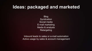 Ideas: packaged and marketed
Blog
Syndication
Social media
E-mail marketing
Media & analysts
Retargeting
Inbound leads to ...