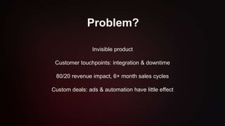 Problem?
Invisible product
Customer touchpoints: integration & downtime
80/20 revenue impact, 6+ month sales cycles
Custom...