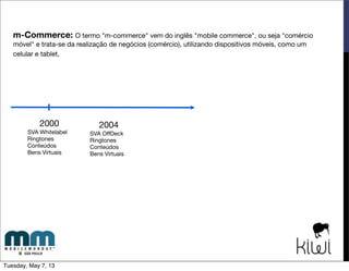 Como estão os sites de varejo para compras via mobile?
Ou sem qualquer otimização para mobile. O comércio eletronico se apresenta na tela do celular ou tablet da mesma
forma que na tela com computador o que diﬁculta muito a navegação do cliente e consequentemente as vendas.
Tuesday, May 7, 13
 