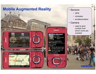 Mobile Augmented Reality                      • Sensors
                                                 • GPS
                                                 • compass
                                                 • accelerometers
                                              • Camera
                                                 • used to give
                                                   context over
                                                   which icons are
                                                   overlaid




3                 Mobile Monday – April ’09
 