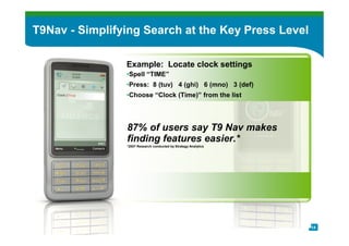 T9Nav - Simplifying Search at the Key Press Level

                Example: Locate clock settings
                •Spell “TIME”
                •Press: 8 (tuv) 4 (ghi) 6 (mno) 3 (def)
                •Choose “Clock (Time)” from the list




                87% of users say T9 Nav makes
                finding features easier.*
                *2007 Research conducted by Strategy Analytics




                Drastically reduces keystrokes needed to find
                any feature, any content



                                                                 14
 