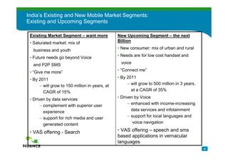 India’s Existing and New Mobile Market Segments:
Existing and Upcoming Segments

 Existing Market Segment – want more            New Upcoming Segment – the next
 • Saturated market: mix of                     Billion

   business and youth                           • New consumer: mix of urban and rural

 • Future needs go beyond Voice                 • Needs are for low cost handset and

   and P2P SMS                                   voice

 • “Give me more”                               • “Connect me”

 • By 2011                                      • By 2011
      – will grow to 150 million in years, at        – will grow to 500 million in 3 years,
        CAGR of 15%                                    at a CAGR of 35%

 • Driven by data services                      • Driven by Voice
       – complement with superior user                – enhanced with income-increasing
         experience                                     data services and infotainment
       – support for rich media and user              – support for local languages and
         generated content                               voice navigation

 • VAS offering - Search                        • VAS offering – speech and sms
                                                based applications in vernacular
                                                languages
                                                                                              4
 