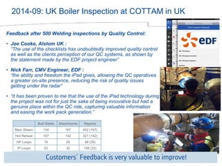 © ALSTOM 2013. All rights reserved. Information contained in this document is indicative only. No representation or warranty is given or should be relied on 
that it is complete or correct or will apply to any particular project. This will depend on the technical and commercial circumstances. It is provided without 
liability and is subject to change without notice. Reproduction, use or disclosure to third parties, without express written authority, is strictly prohibited. 
Presentation title - 23/10/2014 – P 19 
2014-09: UK Boiler Inspection at COTTAM in UK 
Feedback after 500 Welding inspections by Quality Control: 
• Joe Cooke, Alstom UK : 
“The use of the checklists has undoubtedly improved quality control 
as well as the clients perception of our QC systems, as shown by 
the statement made by the EDF project engineer” 
• Nick Farr, CMV Engineer, EDF : 
“the ability and freedom the iPad gives, allowing the QC operatives 
a greater on-site presence, reducing the risk of quality issues 
getting under the radar” 
• “it has been proven to me that the use of the iPad technology during 
the project was not for just the sake of being innovative but had a 
genuine place within the QC role, capturing valuable information 
and easing the work pack generation.” 
Butt Welds Attachments Reports 
Main Steam 134 167 402 (167) 
Hot Reheat 107 142 321 (142) 
HP Loops 16 28 48 (28) 
IP Loops 52 32 156 (32) 
Full detailed feedback of this project, see PPT on sharepoint Customers' Feedback is very valuable to improve! 
 
