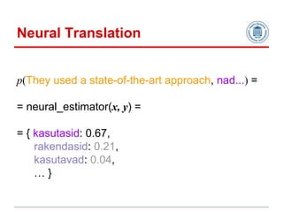 p(They used a state-of-the-art approach, nad...) =
= neural_estimator(x, y) =
= { kasutasid: 0.67,
rakendasid: 0.21,
kasut...