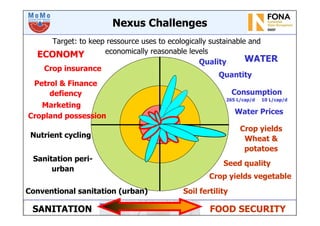 Leibniz-Institute of Freshwater
Ecology
and Inland Fisheries
Nexus Challenges
WATER
Target: to keep ressource uses to ecologically sustainable and
economically reasonable levels
Quality
Quantity
Water Prices
Consumption
265 L/cap/d 10 L/cap/d
FOOD SECURITY
Crop yields
Wheat &
potatoes
Crop yields vegetable
Soil fertility
SANITATION
Conventional sanitation (urban)
Sanitation peri-
urban
Nutrient cycling
ECONOMY
Marketing
Petrol & Finance
defiency
Crop insurance
Seed quality
Cropland possession
 