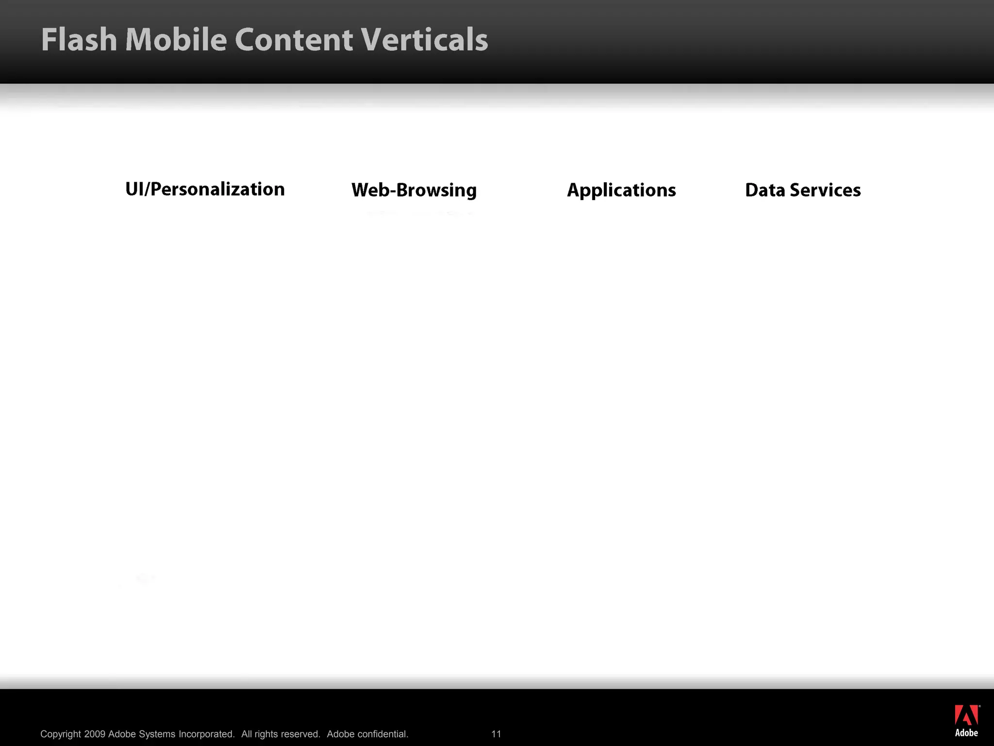 Flash Mobile Content VerticalsUI/PersonalizationWeb-BrowsingApplicationsData Services
