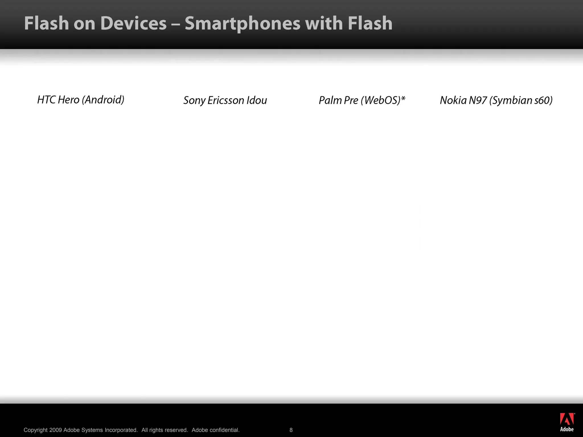 Flash on Devices – Smartphones with FlashHTC Hero (Android)Sony Ericsson IdouPalm Pre (WebOS)*Nokia N97 (Symbian s60)