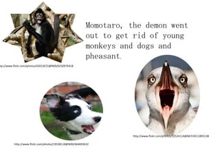 Momotaro, the demon went
                                                           out to get rid of young
                                                           monkeys and dogs and
                                                           pheasant.
ttp://www.flickr.com/photos/42012672@N00/6250976418




                                                                      http://www.flickr.com/photos/32524114@N07/4511893138

          http://www.flickr.com/photos/19538118@N00/464693632
 