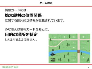 4
株式会社HEART QUAKE
ゲーム説明
情報カードには
桃太郎村の位置関係
に関する断片的な情報が記載されています。
みなさんは情報カードをもとに、
目的の場所を特定
しなければなりません。
 