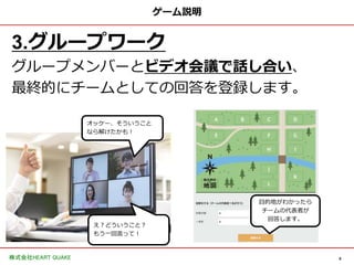 8
株式会社HEART QUAKE
ゲーム説明
3.グループワーク
グループメンバーとビデオ会議で話し合い、
最終的にチームとしての回答を登録します。
目的地がわかったら
チームの代表者が
回答します。
オッケー、そういうこと
なら解けたかも！
え？どういうこと？
もう一回言って！
 