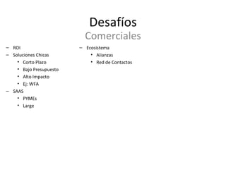 Desafíos ROI Soluciones Chicas Corto Plazo Bajo Presupuesto Alto Impacto Ej: WFA SAAS PYMEs Large Comerciales Ecosistema Alianzas Red de Contactos 