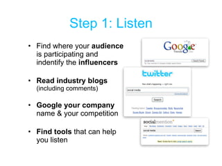 Step 1: Listen Find where your  audience  is participating and indentify the  influencers Read industry blogs  (including comments) Google your company  name & your competition Find tools  that can help you listen 