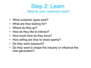 Step 2: Learn   What do your customers need? What customer types exist?  What are they looking for? Where do they go? How do they like to interact? How much time do they have? How willing are they to share openly? Do they want exposure? Do they want to shape the industry or influence the next generation? 