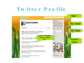 Twitter Profile Me ! My stats My lists People I follow Links to websites, photos, videos, etc. 