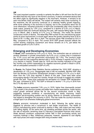 World Economy
22 OPEC Monthly Oil Market Report – June 2016
UK
The most important question currently is certainly the effect a UK exit from the EU and
the effect that this may have on the former’s economy. It seems somewhat obvious that
the effect might by significantly negative in the short-term. However, it remains to be
seen how British voters will decide. The subject will certainly need close monitoring. In
the meantime, the UK economy continues on a relatively healthy growth trajectory,
while some softening in the economy is ongoing, due to the uncertainty about the 23
June referendum. Industrial production in April rose considerably after many months of
weak output, growing by 1.6% y-o-y, compared to a decline of 0.3% y-o-y in March.
International trade has continued declining this year, with exports falling again by 0.6%
y-o-y in March, after a decline of 0.7% y-o-y in February. This marks the seventh
consecutive month of decline. The latest May PMI number for the manufacturing sector
points at some improvement. It moved again above the growth indicating level of 50 to
stand at 50.1 in May, after 49.4 in April. The services sector PMI increased to 53.5 in
May, compared to 52.3 in April. The current 2016 GDP growth forecast reflects the
current slowing underlying momentum and hence remains at 2.1%, just below the
estimated growth of 2.2% in 2015.
Emerging and Developing Economies
In Brazil, GDP contracted by 5.4% y-o-y in 1Q16. The contraction was an outcome of
another slowdown in private consumption (by 6.3% y-o-y), a sharp drop in investment
(by 17.5% y-o-y) and less government consumption (by 1.5%). The country’s trade
balance was the only supportive element with a 13.0% increase in exports and a 21.7%
y-o-y decline in imports. Growth data for 1Q16 and the monthly indicators of the past
two months only confirm expectations for negative economic growth in Brazil in 2016,
with an anticipated contraction in GDP of 3.4%.
In Russia, the Federal State Statistics Service published the 1Q16 GDP, showing a
deceleration of 1.2% y-o-y. Disaggregate data is still not available. Monthly GDP data
from the Ministry of Economic Development showed a decline of 0.7% y-o-y in April,
down from the 1.2% drop reported in March of this year. There have been some
encouraging signals in the past four months, though not enough to suggest any notable
growth this year. These have supported the perception of a slower GDP deceleration
this year, compared to 2015. The GDP is forecast to decline 1.1% y-o-y in 2016 from
the 3.7% dip seen in 2015.
The Indian economy expanded 7.9% y-o-y in 1Q16, higher than downwardly revised
7.2% growth in the previous quarter and better than market expectations. Indian factory
output growth remained almost flat for the second consecutive month in May,
suggesting business conditions in manufacturing are barely improving. India's
beneficial net-oil-importing position and its strong reliance on domestic consumption
has helped to strengthen the economy in 2015. This has made the country's economy
a bright spot in an otherwise challenging global environment.
China’s economic momentum moderated in April, following the earlier pick-up
triggered by stimulus and a turnaround in real estate construction. The health of
China’s manufacturing sector continued to decline in May, with output and new orders
both falling slightly. At the same time, job shedding persisted across the sector, with
the rate of reduction remaining close to February’s post-global financial crisis record.
Weak demand conditions underpinned further falls in both purchasing activity and
inventory holdings in May. Inflationary pressures, however, appeared to cool slightly
with input prices and output charges both rising at weaker rates.
 
