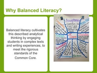 Why Balanced Literacy? 
Balanced literacy cultivates 
this described analytical 
thinking by engaging 
students in complex texts 
and writing experiences, to 
meet the rigorous 
standards of the 
Common Core. 
 