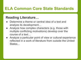 ELA Common Core State Standards 
Reading Literature… 
● Determine a theme or central idea of a text and 
analyze its development… 
● Analyze how complex characters (e.g. those with 
multiple conflicting motivations) develop over the 
course of a text… 
● Analyze a particular point of view or cultural experience 
reflected in a work of literature from outside the United 
States... 
 