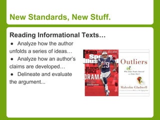 New Standards, New Stuff. 
Reading Informational Texts… 
● Analyze how the author 
unfolds a series of ideas… 
● Analyze how an author’s 
claims are developed… 
● Delineate and evaluate 
the argument... 
 