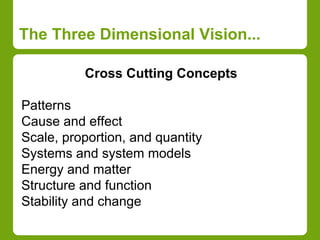 The Three Dimensional Vision... 
Cross Cutting Concepts 
Patterns 
Cause and effect 
Scale, proportion, and quantity 
Systems and system models 
Energy and matter 
Structure and function 
Stability and change 
 