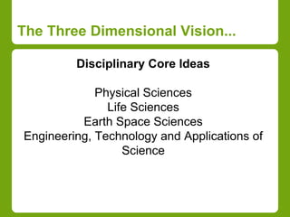 The Three Dimensional Vision... 
Disciplinary Core Ideas 
Physical Sciences 
Life Sciences 
Earth Space Sciences 
Engineering, Technology and Applications of 
Science 
 