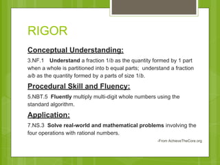 RIGOR 
Conceptual Understanding: 
3.NF.1 Understand a fraction 1/b as the quantity formed by 1 part 
when a whole is partitioned into b equal parts; understand a fraction 
a/b as the quantity formed by a parts of size 1/b. 
Procedural Skill and Fluency: 
5.NBT.5 Fluently multiply multi-digit whole numbers using the 
standard algorithm. 
Application: 
7.NS.3 Solve real-world and mathematical problems involving the 
four operations with rational numbers. 
-From AchieveTheCore.org 
 
