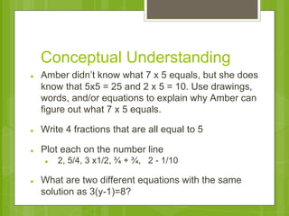 Conceptual Understanding 
● Amber didn’t know what 7 x 5 equals, but she does 
know that 5x5 = 25 and 2 x 5 = 10. Use drawings, 
words, and/or equations to explain why Amber can 
figure out what 7 x 5 equals. 
● Write 4 fractions that are all equal to 5 
● Plot each on the number line 
● 2, 5/4, 3 x1/2, ¾ + ¾, 2 - 1/10 
● What are two different equations with the same 
solution as 3(y-1)=8? 
 