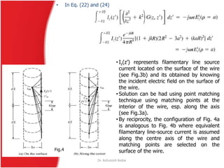 • In Eq. (22) and (24)
• Iz(z’) represents filamentary line source
current located on the surface of the wire
(see Fig.3b) and its obtained by knowing
the incident electric field on the surface of
the wire.
• Solution can be had using point matching
technique using matching points at the
interior of the wire, esp. along the axis
(see Fig.3a).
• By reciprocity, the configuration of Fig. 4a
is analogous to Fig. 4b where equivalent
filamentary line-source current is assumed
along the centre axis of the wire and
matching points are selected on the
surface of the wire.Fig.4
Dr. Ashutosh Kedar
 