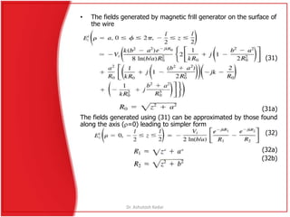 • The fields generated by magnetic frill generator on the surface of
the wire
(31)
(31a)
The fields generated using (31) can be approximated by those found
along the axis (=0) leading to simpler form
(32)
(32a)
(32b)
Dr. Ashutosh Kedar
 