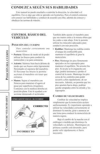 10
CAMBIODEVELOCIDADESPOSICIÓNDELCUERPO CONDUZCA SEGÚN SUS HABILIDADES
Este manual no puede enseñarle a controlar la dirección, la velocidad o el
equilibrio. Eso es algo que sólo se aprende con la práctica. Pero el control comienza
con conocer sus habilidades y conducir de acuerdo con ellas, además de conocer y
obedecer las normas de tránsito.
CONTROL BÁSICO DEL
VEHÍCULO
POSICIÓN DEL CUERPO
Para controlar correctamente una
motocicleta:
• Postura: Siéntese de modo tal de poder
utilizar los brazos para conducir la
motocicleta y no para sostenerse.
• Asiento: Siéntese bien hacia delante de
modo que sus brazos estén ligeramente
flexionados al sujetarse del manubrio.
El flexionar los brazos le permite
accionar el manubrio sin tener que
estirarse.
• Manos: Sujete el manubrio con
firmeza para mantener el agarre al
pasar por superficies irregulares.
Comience con la muñeca derecha en
posición plana. Esto le ayudará a no
accionar demasiado el acelerador.
CÓMO SOSTENER EL MANUBRIO
CORRECTO
INCORRECTO
También debe ajustar el manubrio para
que sus manos estén a la misma altura que
los codos o más abajo. Esto le permite
utilizar los músculos adecuados para
conducir con más precisión.
• Rodillas: Mantenga las rodillas contra
el tanque de combustible para
mantener el equilibrio al girar la
motocicleta.
• Pies: Mantenga los pies firmemente
apoyados en los reposapiés para
mantener el equilibrio. No arrastre los
pies. Si un pie se le engancha con
algo, podría lastimarse y perder el
control de la moto. Mantenga los pies
cerca de los controles para poder
recurrir a ellos rápidamente, de ser
necesario. Además, no permita que los
pies apunten hacia abajo, podrían
quedar atrapados entre la calzada y los
reposapiés.
CAMBIO DE VELOCIDADES
Cambiar de velocidad no implica
simplemente que la motocicleta acelere
uniformemente. Es importante aprender a
utilizar las velocidades correctamente al
disminuir la marcha, girar o arrancar en
una loma para conducir la motocicleta de
manera segura.
Baje el cambio de la marcha con el
embrague a medida que disminuye la
velocidad o se detiene. Manténgase en
primera cuando está detenido, para
poder salir rápidamente si fuera
necesario.
 