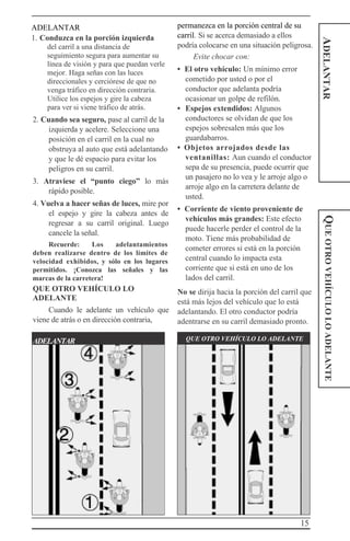 15
QUEOTROVEHÍCULOLOADELANTEADELANTAR
ADELANTAR
1. Conduzca en la porción izquierda
del carril a una distancia de
seguimiento segura para aumentar su
línea de visión y para que puedan verle
mejor. Haga señas con las luces
direccionales y cerciórese de que no
venga tráfico en dirección contraria.
Utilice los espejos y gire la cabeza
para ver si viene tráfico de atrás.
2. Cuando sea seguro, pase al carril de la
izquierda y acelere. Seleccione una
posición en el carril en la cual no
obstruya al auto que está adelantando
y que le dé espacio para evitar los
peligros en su carril.
3. Atraviese el “punto ciego” lo más
rápido posible.
4. Vuelva a hacer señas de luces, mire por
el espejo y gire la cabeza antes de
regresar a su carril original. Luego
cancele la señal.
Recuerde: Los adelantamientos
deben realizarse dentro de los límites de
velocidad exhibidos, y sólo en los lugares
permitidos. ¡Conozca las señales y las
marcas de la carretera!
QUE OTRO VEHÍCULO LO
ADELANTE
Cuando le adelante un vehículo que
viene de atrás o en dirección contraria,
permanezca en la porción central de su
carril. Si se acerca demasiado a ellos
podría colocarse en una situación peligrosa.
Evite chocar con:
• El otro vehículo: Un mínimo error
cometido por usted o por el
conductor que adelanta podría
ocasionar un golpe de refilón.
• Espejos extendidos: Algunos
conductores se olvidan de que los
espejos sobresalen más que los
guardabarros.
• Objetos arrojados desde las
ventanillas: Aun cuando el conductor
sepa de su presencia, puede ocurrir que
un pasajero no lo vea y le arroje algo o
arroje algo en la carretera delante de
usted.
• Corriente de viento proveniente de
vehículos más grandes: Este efecto
puede hacerle perder el control de la
moto. Tiene más probabilidad de
cometer errores si está en la porción
central cuando lo impacta esta
corriente que si está en uno de los
lados del carril.
No se dirija hacia la porción del carril que
está más lejos del vehículo que lo está
adelantando. El otro conductor podría
adentrarse en su carril demasiado pronto.
ADELANTAR QUE OTRO VEHÍCULO LO ADELANTE
 