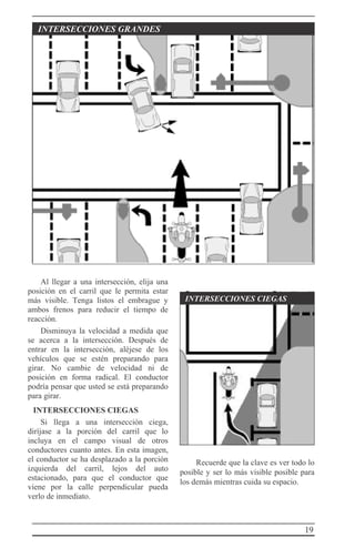 19
INTERSECCIONES GRANDES
Al llegar a una intersección, elija una
posición en el carril que le permita estar
más visible. Tenga listos el embrague y
ambos frenos para reducir el tiempo de
reacción.
Disminuya la velocidad a medida que
se acerca a la intersección. Después de
entrar en la intersección, aléjese de los
vehículos que se estén preparando para
girar. No cambie de velocidad ni de
posición en forma radical. El conductor
podría pensar que usted se está preparando
para girar.
INTERSECCIONES CIEGAS
Si llega a una intersección ciega,
diríjase a la porción del carril que lo
incluya en el campo visual de otros
conductores cuanto antes. En esta imagen,
el conductor se ha desplazado a la porción
izquierda del carril, lejos del auto
estacionado, para que el conductor que
viene por la calle perpendicular pueda
verlo de inmediato.
INTERSECCIONES CIEGAS
Recuerde que la clave es ver todo lo
posible y ser lo más visible posible para
los demás mientras cuida su espacio.
 