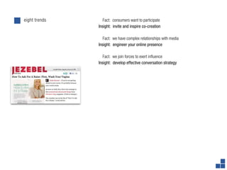 eight trends      Fact: consumers want to participate
               Insight: invite and inspire co-creation

                  Fact: we have complex relationships with media
               Insight: engineer your online presence

                  Fact: we join forces to exert in uence
               Insight: develop effective conversation strategy
 