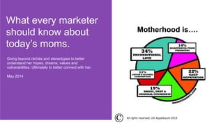 Going beyond clichés and stereotypes to better
understand her hopes, dreams, values and
vulnerabilities. Ultimately to better connect with her.
May 2014
	
  
What every marketer
should know about
today’s moms.
Motherhood is….
All	
  rights	
  reserved,	
  Ulli	
  Appelbaum	
  2013	
  
 