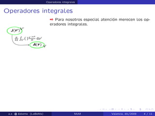 Operadores integrales
Operadores integrales
 Para nosotros especial atención merecen los op-
eradores integrales.
a.z. @ ‘abema (LaBeMa) MoM Valencia, dic/2009 4 / 11
 