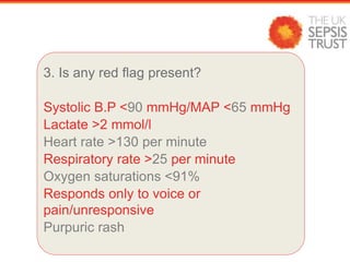 3. Is any red flag present?
Systolic B.P <90 mmHg/MAP <65 mmHg
Lactate >2 mmol/l
Heart rate >130 per minute
Respiratory rate >25 per minute
Oxygen saturations <91%
Responds only to voice or
pain/unresponsive
Purpuric rash
 