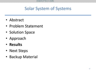 Solar System of Systems
• Abstract
• Problem Statement
• Solution Space
• Approach
• Results
• Next Steps
• Backup Material
17
 