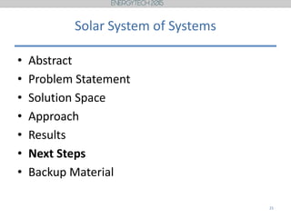 Solar System of Systems
• Abstract
• Problem Statement
• Solution Space
• Approach
• Results
• Next Steps
• Backup Material
21
 