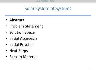 Solar System of Systems
• Abstract
• Problem Statement
• Solution Space
• Initial Approach
• Initial Results
• Next Steps
• Backup Material
3
 