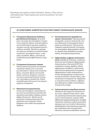 Відповідно до проекту нового базового Закону «Про освіту»
ключовими для Нової української школи визначено такі ком-
петентності:
| 13
Спілкування державною (і рідною у
разі відмінності) мовами. Це вміння
усно і письмово висловлювати й тлума-
чити поняття, думки, почуття, факти
та погляди (через слухання, говоріння,
читання, письмо, застосування мульти-
медійних засобів). Здатність реагува-
ти мовними засобами на повний спектр
соціальних і культурних явищ – у нав-
чанні, на роботі, вдома, у вільний час.
Усвідомлення ролі ефективного спілку-
вання.
/01 Компетентності в природничих
науках і технологіях. Наукове розумін-
ня природи і сучасних технологій, а та-
кож здатність застосовувати його в
практичній діяльності. Уміння засто-
совувати науковий метод, спостеріга-
ти, аналізувати, формулювати гіпоте-
зи, збирати дані, проводити експери-
менти, аналізувати результати.
/04
Інформаційно-цифрова компетент-
ність передбачає впевнене, а водночас
критичне застосування інформаційно-
комунікаційних технологій (ІКТ) для
створення, пошуку, обробки, обміну
інформацією на роботі, в публічному
просторі та приватному спілкуванні.
Інформаційна й медіа-грамотність,
основи програмування, алгоритмічне
мислення, роботи з базами даних, нави-
чки безпеки в Інтернеті та кібербезпе-
ці. Розуміння етики роботи з інформа-
цією (авторське право, інтелектуаль-
на власність тощо).
/05
Уміння навчатися впродовж життя.
Здатність до пошуку та засвоєння но-
вих знань, набуття нових вмінь і нави-
чок, організації навчального процесу (вла-
сного і колективного), зокрема через
ефективнекеруванняресурсамитаінфор-
маційними потоками, вміння визначати
навчальні цілі та способи їх досягнення,
вибудовувати свою навчальну траєкто-
рію, оцінювати власні результати
навчання, навчатися впродовж життя.
/06
Спілкування іноземними мовами.
Уміння належно розуміти висловлене
іноземною мовою, усно і письмово
висловлювати і тлумачити поняття,
думки, почуття, факти та погляди
(через слухання, говоріння, читання і
письмо) у широкому діапазоні соціаль-
них і культурних контекстів. Уміння
посередницької діяльності та міжкуль-
турного спілкування.
/02
Математична грамотність.
Уміння застосовувати математичні
(числові та геометричні) методи для
вирішення прикладних завдань у різних
сферах діяльності. Здатність до
розуміння і використання простих
математичних моделей. Уміння
будувати такі моделі для вирішення
проблем.
/03
10 КЛЮЧОВИХ КОМПЕТЕНТНОСТЕЙ НОВОЇ УКРАЇНСЬКОЇ ШКОЛИ
 