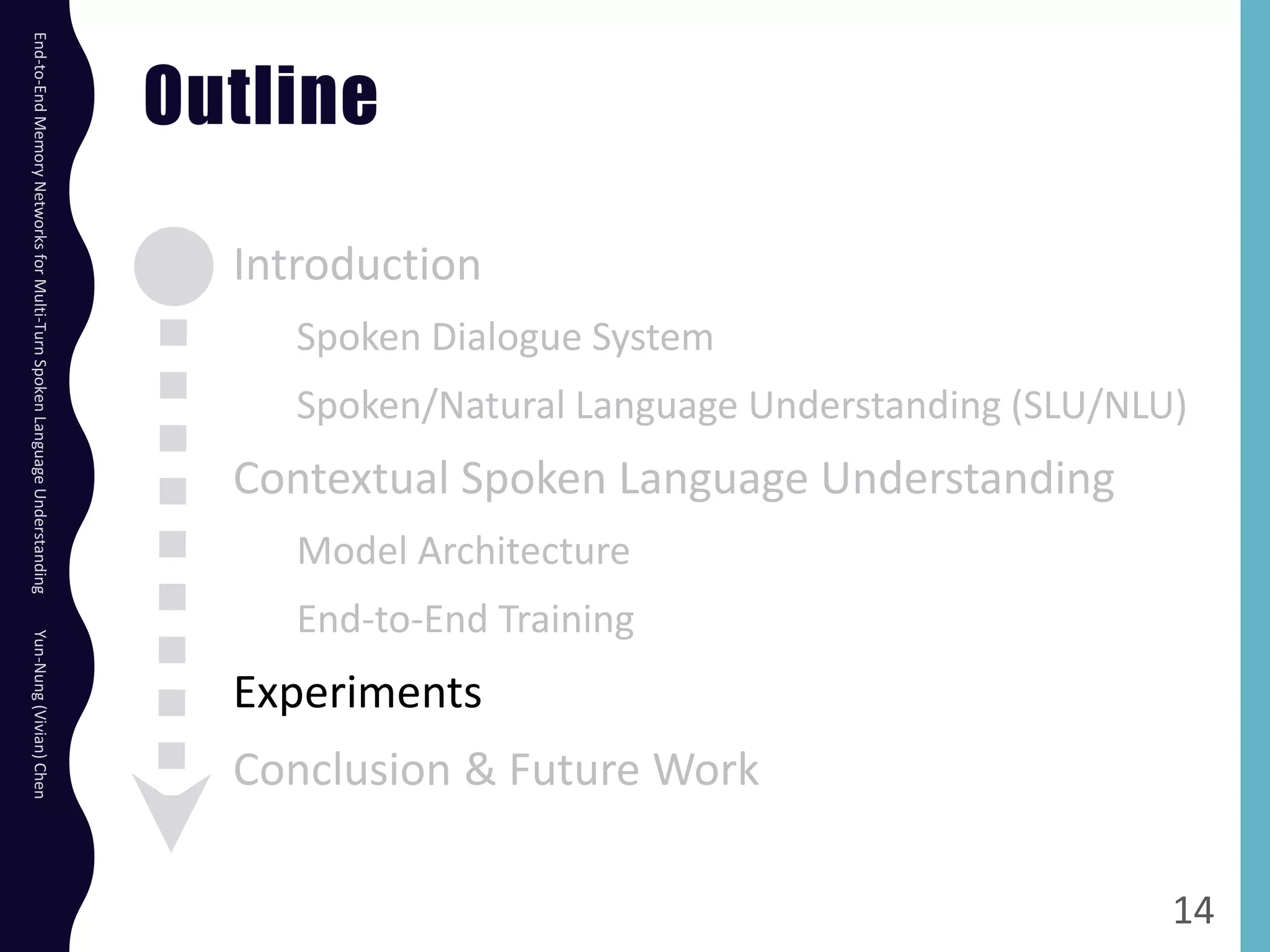Outline
Introduction
Spoken Dialogue System
Spoken/Natural Language Understanding (SLU/NLU)
Contextual Spoken Language Understanding
Model Architecture
End-to-End Training
Experiments
Conclusion & Future Work
14
End-to-EndMemoryNetworksforMulti-TurnSpokenLanguageUnderstandingYun-Nung(Vivian)Chen
 