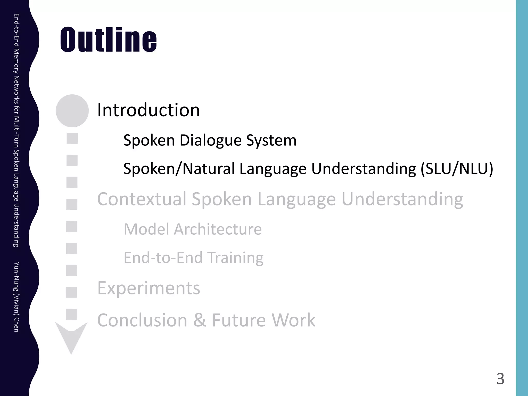Outline
Introduction
Spoken Dialogue System
Spoken/Natural Language Understanding (SLU/NLU)
Contextual Spoken Language Understanding
Model Architecture
End-to-End Training
Experiments
Conclusion & Future Work
3
End-to-EndMemoryNetworksforMulti-TurnSpokenLanguageUnderstandingYun-Nung(Vivian)Chen
 