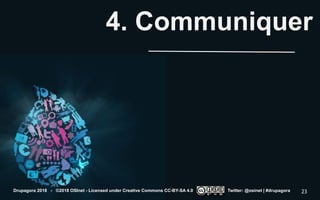 4. Communiquer
Drupagora 2018 - ©2018 OSInet - Licensed under Creative Commons CC-BY-SA 4.0 Twitter: @osinet | #drupagora 23
 