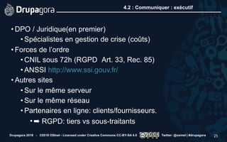 4.2 : Communiquer : exécutif
• DPO / Juridique(en premier)
• Spécialistes en gestion de crise (coûts)
• Forces de l’ordre
• CNIL sous 72h (RGPD Art. 33, Rec. 85)
• ANSSI http://www.ssi.gouv.fr/
• Autres sites
• Sur le même serveur
• Sur le même réseau
• Partenaires en ligne: clients/fournisseurs.
• ➡ RGPD: tiers vs sous-traitants
Drupagora 2018 - ©2018 OSInet - Licensed under Creative Commons CC-BY-SA 4.0 Twitter: @osinet | #drupagora 25
 