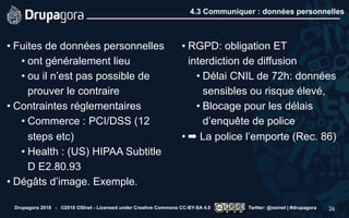 4.3 Communiquer : données personnelles
• Fuites de données personnelles
• ont généralement lieu
• ou il n’est pas possible de
prouver le contraire
• Contraintes réglementaires
• Commerce : PCI/DSS (12
steps etc)
• Health : (US) HIPAA Subtitle
D E2.80.93
• Dégâts d’image. Exemple.
• RGPD: obligation ET
interdiction de diffusion
• Délai CNIL de 72h: données
sensibles ou risque élevé,
• Blocage pour les délais
d’enquête de police
• ➡ La police l’emporte (Rec. 86)
Drupagora 2018 - ©2018 OSInet - Licensed under Creative Commons CC-BY-SA 4.0 Twitter: @osinet | #drupagora 26
 