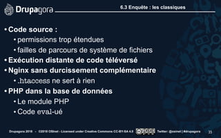 6.3 Enquête : les classiques
• Code source :
• permissions trop étendues
• failles de parcours de système de fichiers
• Exécution distante de code téléversé
• Nginx sans durcissement complémentaire
• .htaccess ne sert à rien
• PHP dans la base de données
• Le module PHP
• Code eval-ué
Drupagora 2018 - ©2018 OSInet - Licensed under Creative Commons CC-BY-SA 4.0 Twitter: @osinet | #drupagora 35
 