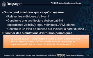 7.5 L8R: Amélioration continue
• On ne peut améliorer que ce qu’on mesure
• Relever les métriques du bloc 1
• Construire une architecture d’observabilité  
(operational visibility): logs, métriques, APM, alertes
• Construire un Plan de Reprise sur Incident à partir du bloc 2
• Planifier des simulations d’intrusion périodiques
Drupagora 2018 - ©2018 OSInet - Licensed under Creative Commons CC-BY-SA 4.0 Twitter: @osinet | #drupagora 48
RGPD: art 32.1.d: « une procédure visant à tester, à analyser et à
évaluer régulièrement l’efficacité des mesures techniques et
organisationnelles pour assurer la sécurité du traitement. »
 